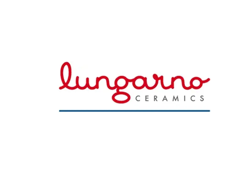 A red and white logo for lungarno ceramics.