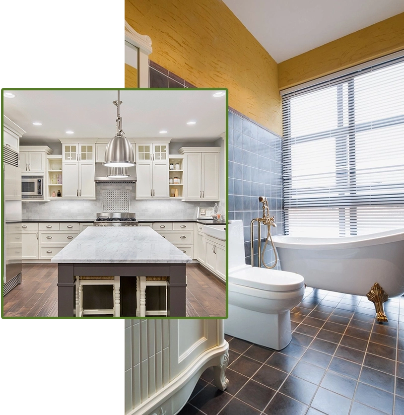 A kitchen and bathroom with a tub in the background.