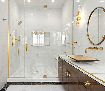 A bathroom with a large shower and a sink.