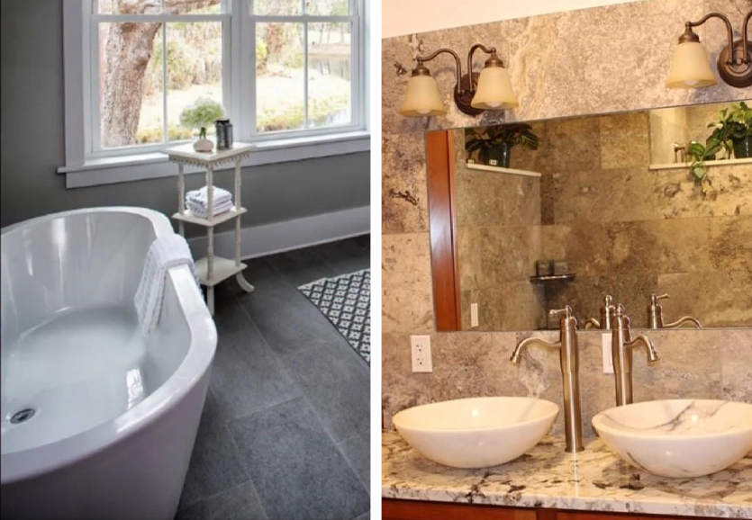 A bathroom with a tub and sink in it