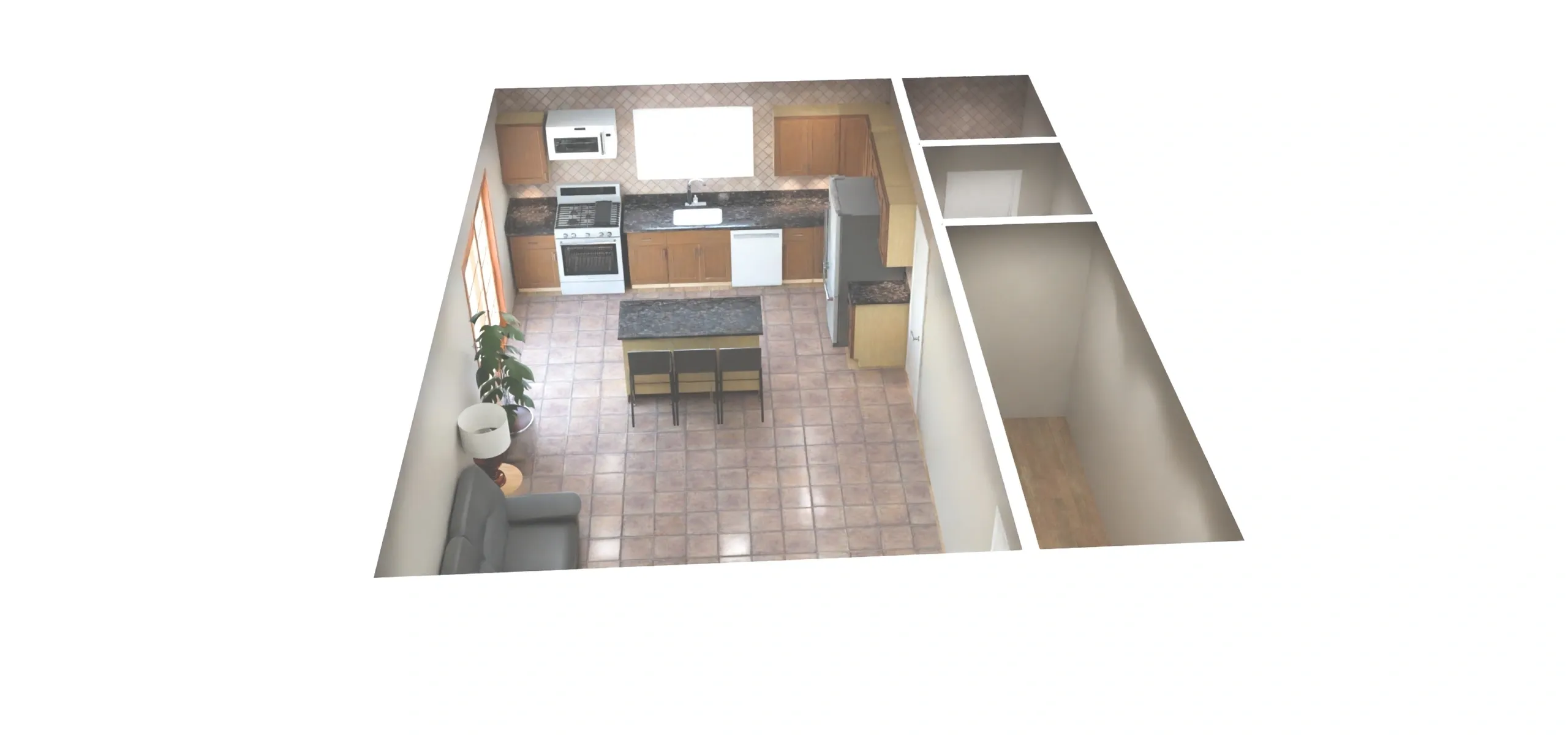3D rendering of an open-plan kitchen and living area with tiled floors, a kitchen island, and adjacent empty rooms separated by walls.